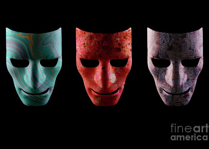 Mask Greeting Card featuring the photograph Three textured AI robotic face masks by Simon Bratt
