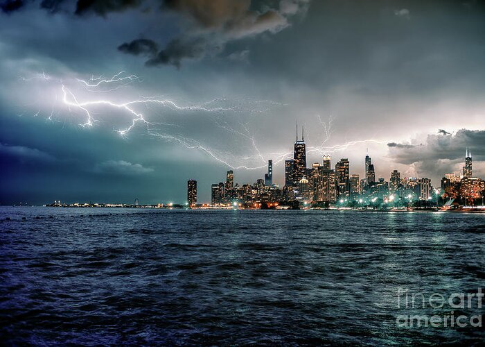 Chicago Greeting Card featuring the photograph Thunder and Lightning in the Dark City II by Bruno Passigatti