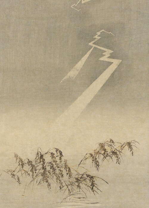 Japan Greeting Card featuring the painting Thunder and lightning over rice grain by Unknown