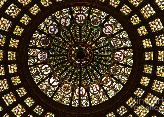Tiffany Glass Dome Greeting Card featuring the photograph Tiffany Skylight Chicago by Debra Banks