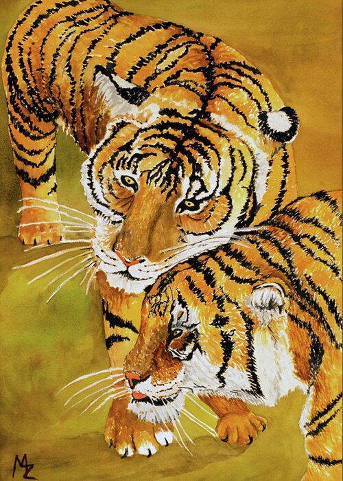 Tiger Greeting Card featuring the painting Tiger Romance by Margaret Zabor