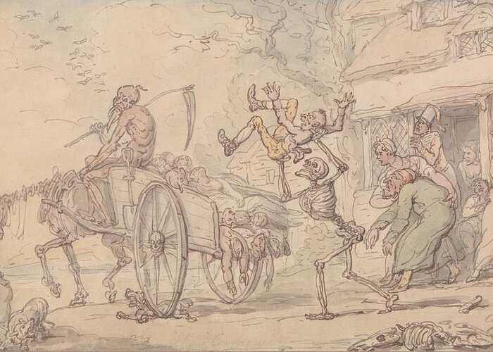 19th Century Art Greeting Card featuring the drawing Time and Death and Goody Barton by Thomas Rowlandson
