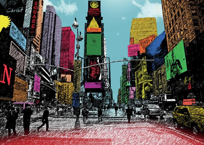 Cityscapes & Architecture Greeting Card featuring the mixed media Times Square by Mark Ashkenazi
