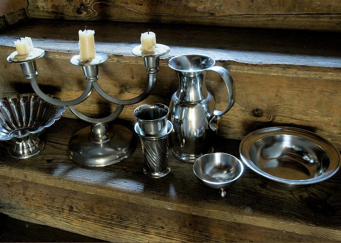 Tin, Pewter, Candle Stand And Pitcher Plate Made Of Tin Greeting Card by  Jalag / B�rbel Miebach