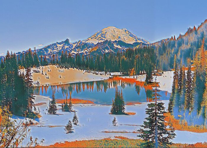 Mt. Rainier Greeting Card featuring the digital art Tipsoo Lake by Jerry Cahill