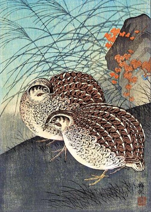 Ohara Greeting Card featuring the painting Top Quality Art - Moon and Quail by Ohara Koson