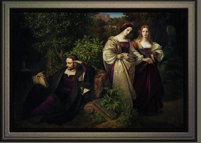 Torquato Tasso Greeting Card featuring the painting Torquato Tasso and the Two Leonores by Karl Ferdinand Sohn by Rolando Burbon