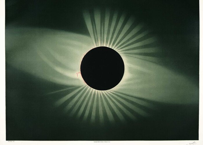 Sun Greeting Card featuring the painting Total eclipse of the sun from the Trouvelot astronomical drawings 1881-1882 by E. L. Trouvelot by E L Trouvelot 1827-1895