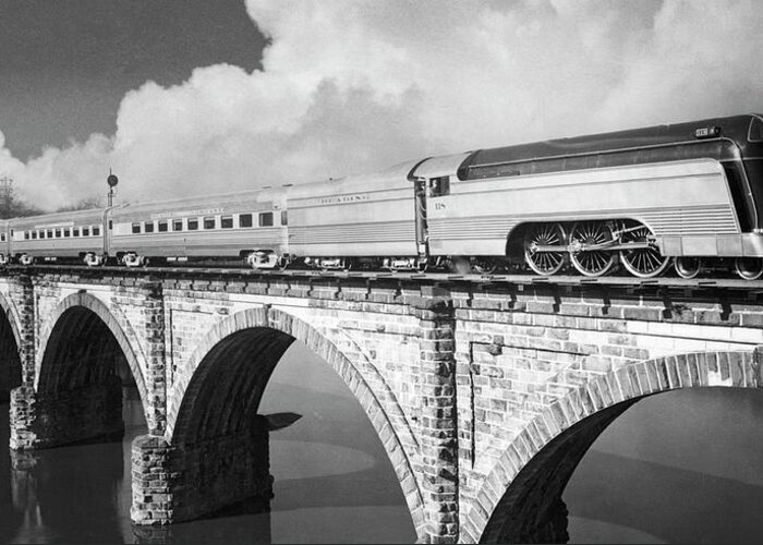 Train On Bridge Greeting Card featuring the photograph Train On Bridge by Marcus Jules