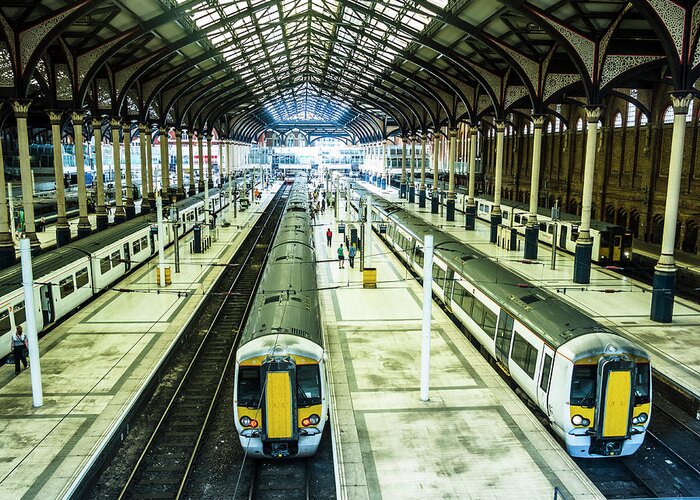 Train Greeting Card featuring the photograph Trains At Liverpool Street Station by Doug Armand