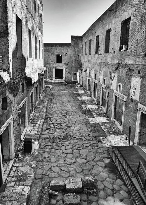 Travelpixpro Greeting Card featuring the photograph Trajan's Market Ancient Back Alley Road Rome Italy Black and White by Shawn O'Brien