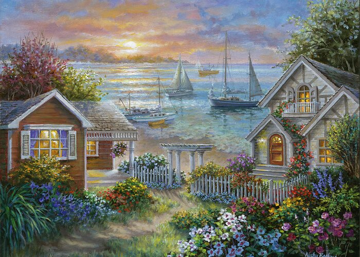 Tranquil Seafront Greeting Card featuring the painting Tranquil Seafront by Nicky Boehme