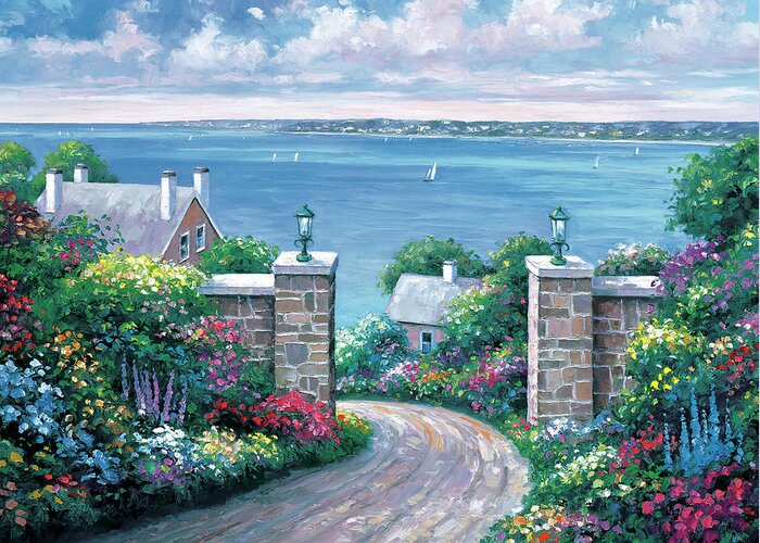 Ocean View Through Gateway Surrounded By Flower Gardens. Greeting Card featuring the painting Tranquility Bay by John Zaccheo