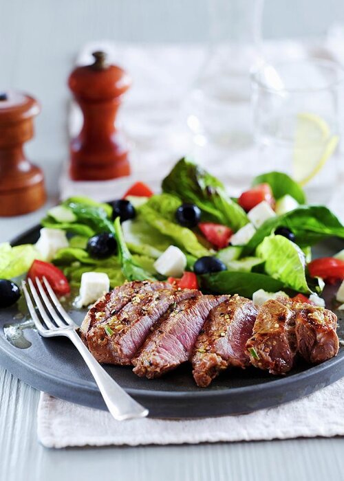 Ip_11322960 Greeting Card featuring the photograph Tray Of Greek Lamb Salad by Charlie Richards