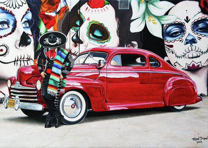 Hot Rod Greeting Card featuring the painting Tres Flores by Ruben Duran