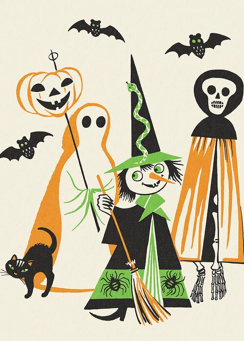 Afraid Greeting Card featuring the drawing Trick or Treaters by CSA Images