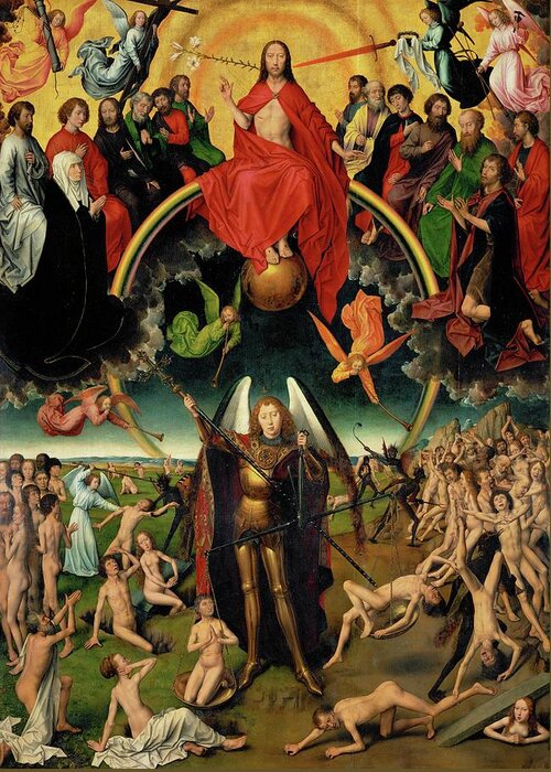 Archangel Michael Greeting Card featuring the painting Triptych with the Last Judgement, center panel Judgement and Weighing of Souls. 1467-1471. by Hans Memling -c 1433-1494-