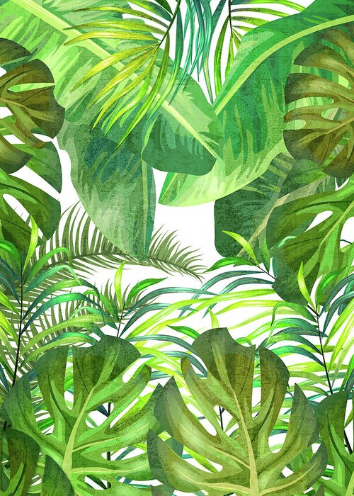 Tropical Greeting Card featuring the mixed media Tropical Leaf Pattern 02- Banana, Palm Leaf, Monstera Leaf - Green, Freshness, Tropical, Botanical by Studio Grafiikka