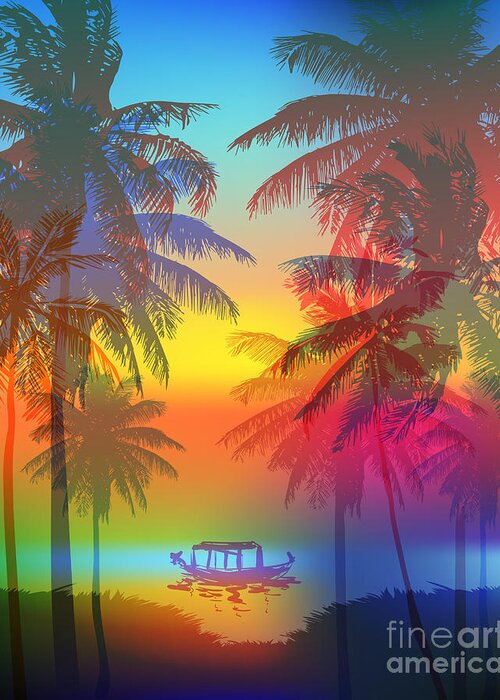 Palm Greeting Card featuring the digital art Tropical Sunset On Palm Beach by Yulianas