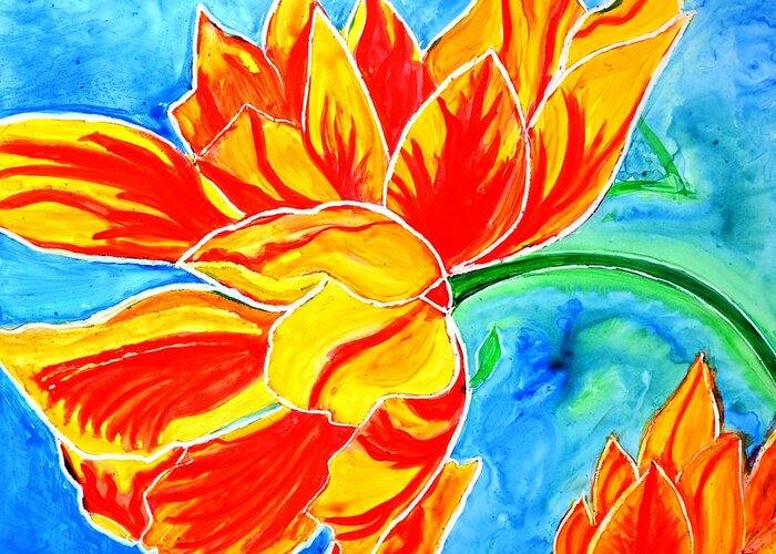 Tulips Greeting Card featuring the painting Tulips vibrant and colorful by Manjiri Kanvinde