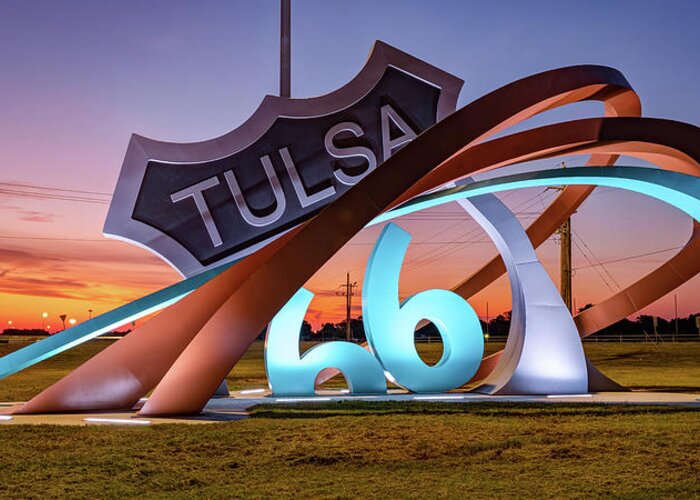 America Greeting Card featuring the photograph Tulsa Oklahoma Route 66 Rising Sculpture Panorama at Dawn by Gregory Ballos