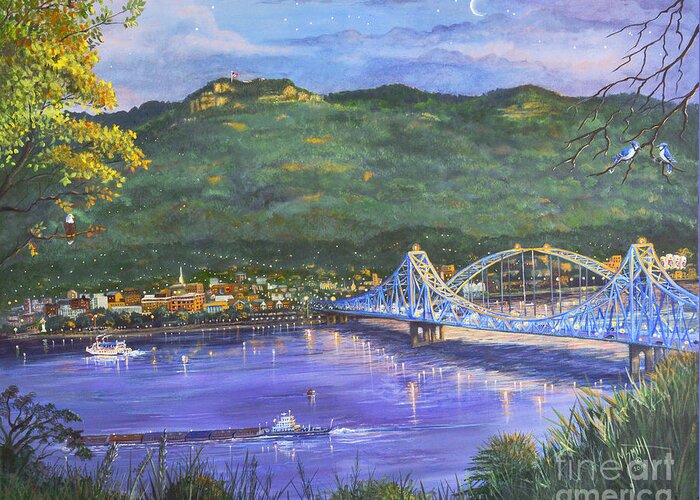 Blue Bridges Greeting Card featuring the painting Twilight At Blue Bridges by Marilyn Smith