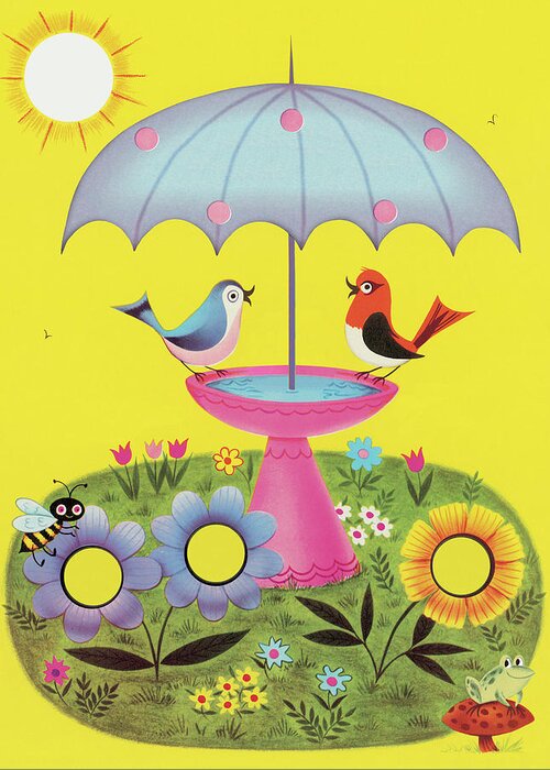 Animal Greeting Card featuring the drawing Two Birds at a Birdbath by CSA Images