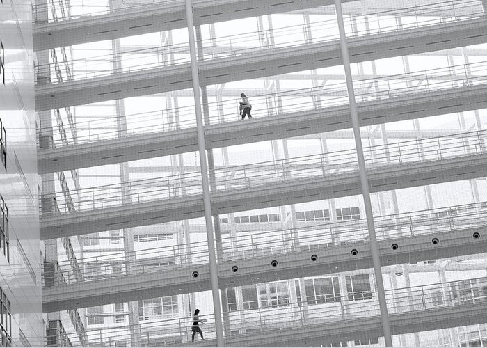 Corporate Business Greeting Card featuring the photograph Two Business Woman Walking On Elevated by 77studio