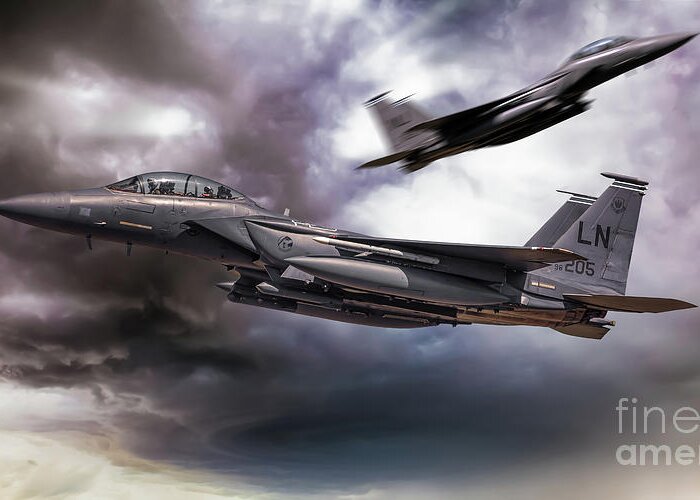 F15 Greeting Card featuring the digital art Two F-15E Strike Eagle passing in storm clouds by Simon Bratt