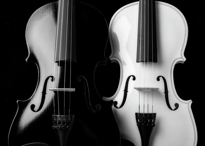 Violin Greeting Card featuring the photograph Two Graphic Violins In Black And White by Garry Gay