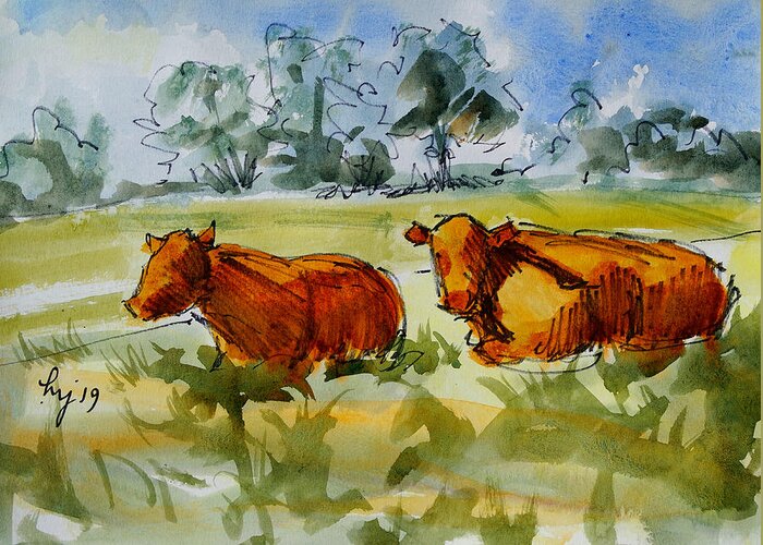 Cow Greeting Card featuring the mixed media Two Red Poll Cows Lying Down Watercolour Painting by Mike Jory