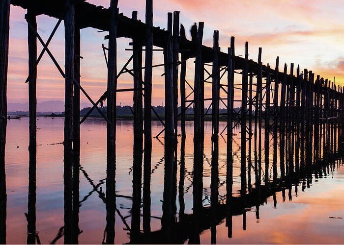 Bridge Greeting Card featuring the photograph U Bein bridge at sunrise by Ann Moore