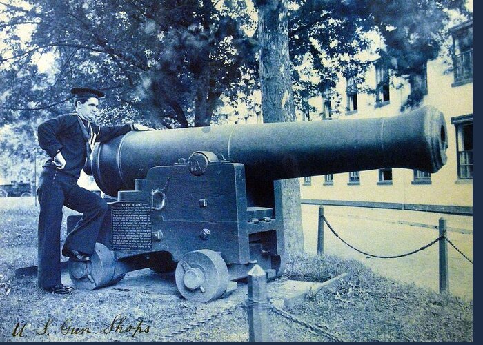 Man Greeting Card featuring the painting U S Navy sailor stands next to 42 pound cannon by Celestial Images