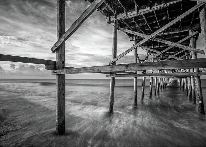 Oak Island Greeting Card featuring the photograph Uner the Pier in Black and White by Nick Noble