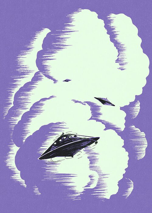 Alien Greeting Card featuring the drawing Unidentified Flying Objects in the Clouds by CSA Images