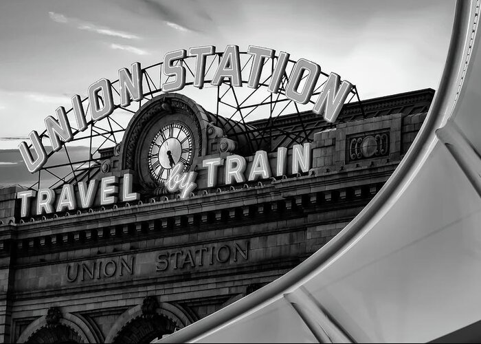 America Greeting Card featuring the photograph Union Station Travel by Train - Denver Colorado Monochrome by Gregory Ballos