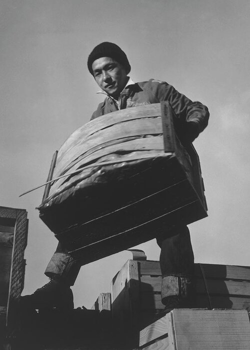 Japanese Greeting Card featuring the painting Unloading produce truck, Tsutomu Fuhunago by Ansel Adams