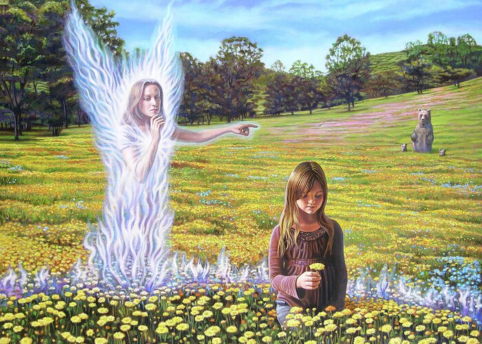 Angel Greeting Card featuring the painting Unseen Companies by Miguel Tio