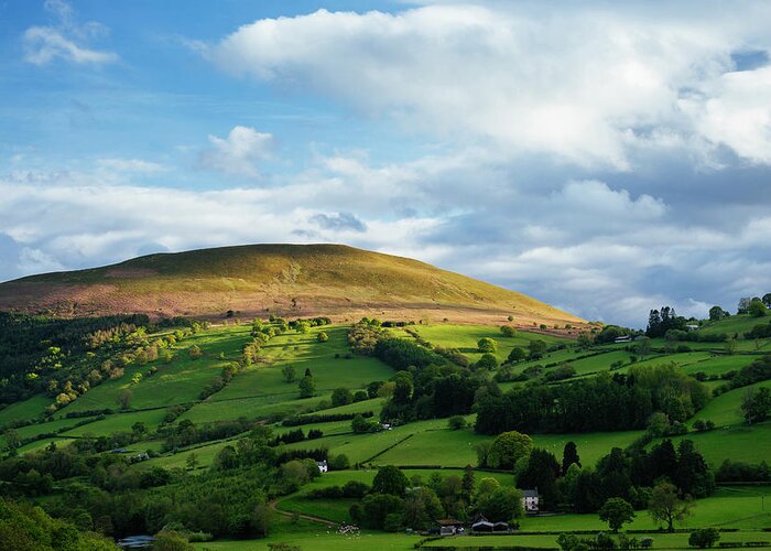 Aerial View Greeting Card featuring the digital art Usk Valley In Afternoon, Brecon Beacons, Powys, Wales, Uk by Ben Pipe Photography