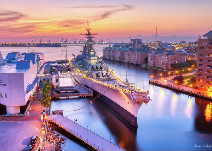Donnatwifordphotography.com Greeting Card featuring the photograph USS Wisconsin at Dusk by Donna Twiford
