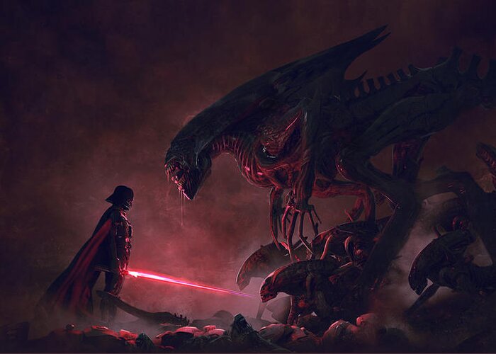 Star Wars Greeting Card featuring the digital art Vader vs Aliens 1 by Guillem H Pongiluppi