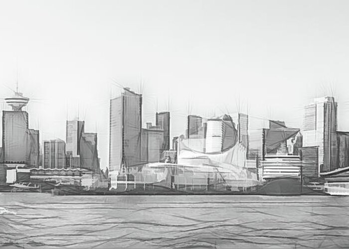 Canada Greeting Card featuring the digital art Vancouver Cruise Ship Port and Financial District Digital Sketch by Rick Deacon