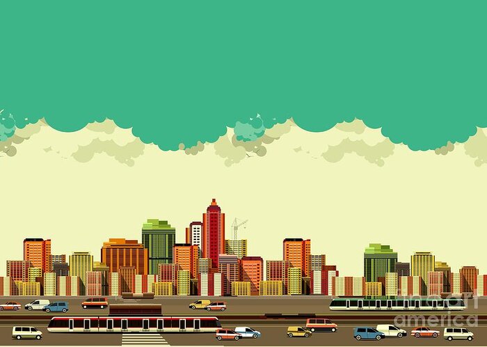 Bus Greeting Card featuring the digital art Vector Illustration Big City Panoramic by Marrishuanna