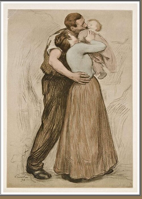 Family Greeting Card featuring the painting Victor Emile Prouve French 1858  1943 The Kiss Le Baiser 1898 Collotype on wove paper by Celestial Images