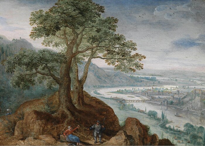 16th Century Art Greeting Card featuring the painting View from Postlinberg to the City of Linz with a Farmer's Wife by Frederik van Valckenborch