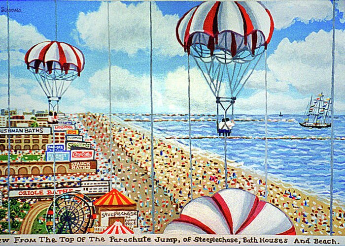  Greeting Card featuring the painting View From The Parachute Jump by Bonnie Siracusa