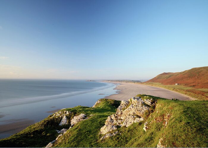 Elevated View Greeting Card featuring the digital art View Of Rhossili Bay, Gower, Wales by Jesper Mattias
