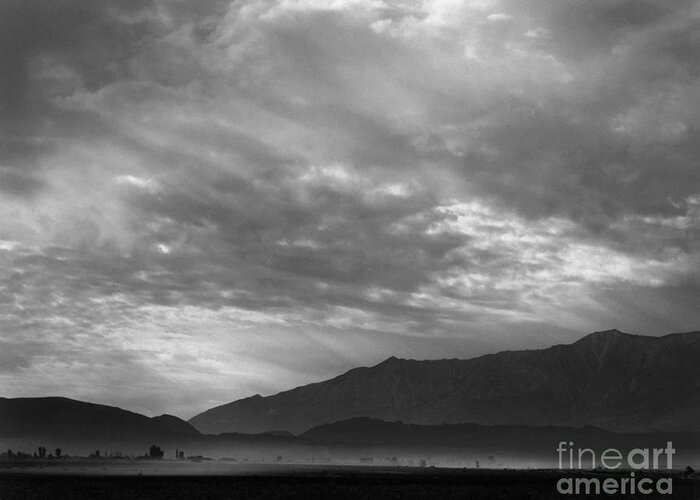 Adams Greeting Card featuring the photograph View SW over Manzanar, dust storm, California, 1943 by Ansel Adams