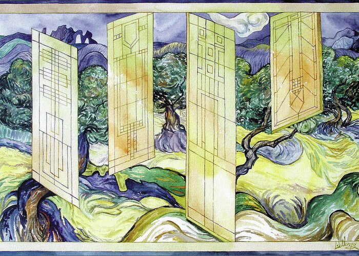 #watercolor #art #vincentvangogh #franklloydwright #fineart #olivetrees #stainedglass Greeting Card featuring the painting Vincent Meets Frank by Mick Williams