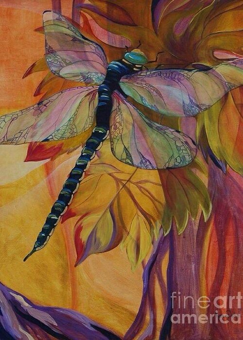 Dragonfly Greeting Card featuring the painting Vineyard Fantasy by Karen Dukes